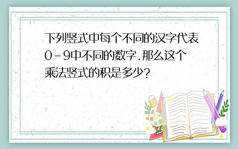 下列竖式中每个不同的汉字代表0-9中不同的数字.那么这个乘法竖式的积是多少?