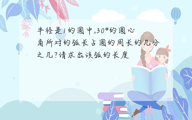 半径是1的圆中,30°的圆心角所对的弧长占圆的周长的几分之几?请求出该弧的长度