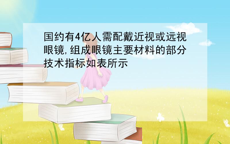 国约有4亿人需配戴近视或远视眼镜,组成眼镜主要材料的部分技术指标如表所示