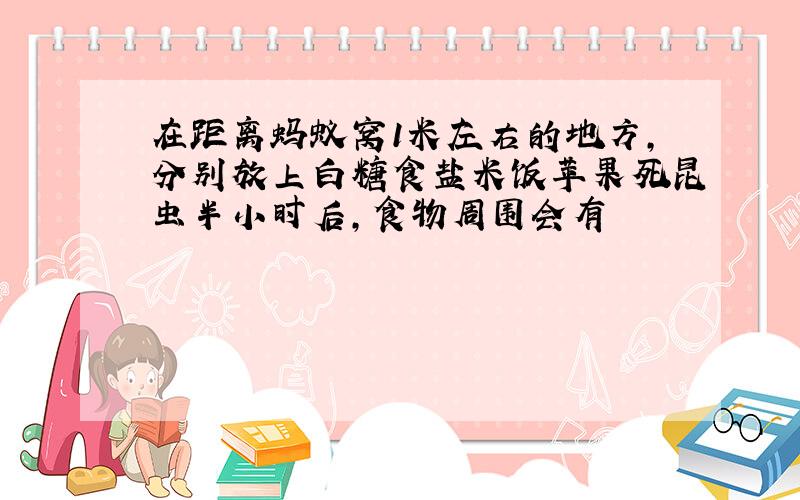 在距离蚂蚁窝1米左右的地方,分别放上白糖食盐米饭苹果死昆虫半小时后,食物周围会有