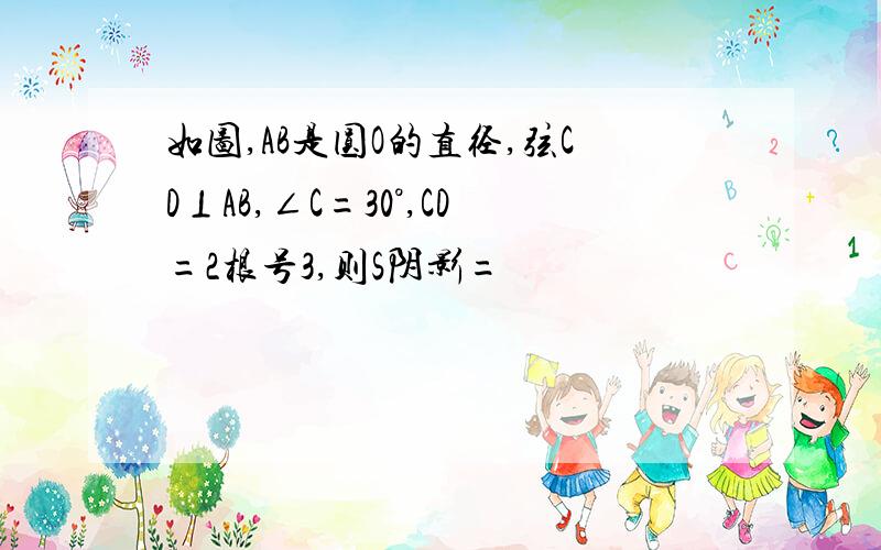 如图,AB是圆O的直径,弦CD⊥AB,∠C=30°,CD=2根号3,则S阴影=