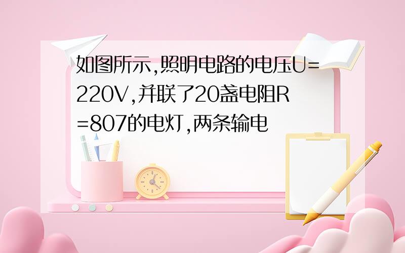 如图所示,照明电路的电压U=220V,并联了20盏电阻R=807的电灯,两条输电