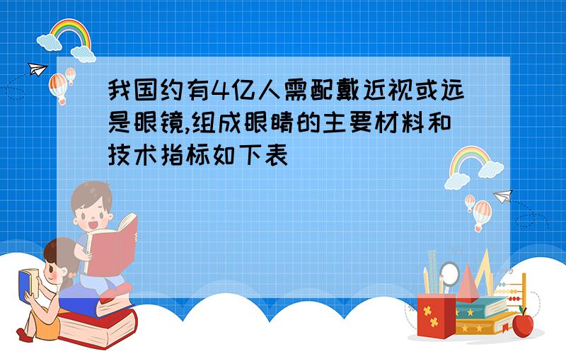 我国约有4亿人需配戴近视或远是眼镜,组成眼睛的主要材料和技术指标如下表