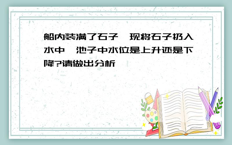 船内装满了石子,现将石子扔入水中,池子中水位是上升还是下降?请做出分析