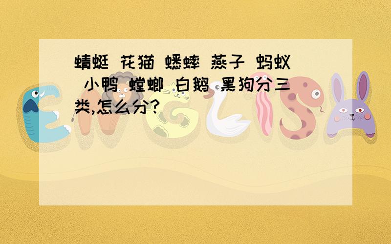 蜻蜓 花猫 蟋蟀 燕子 蚂蚁 小鸭 螳螂 白鹅 黑狗分三类,怎么分?