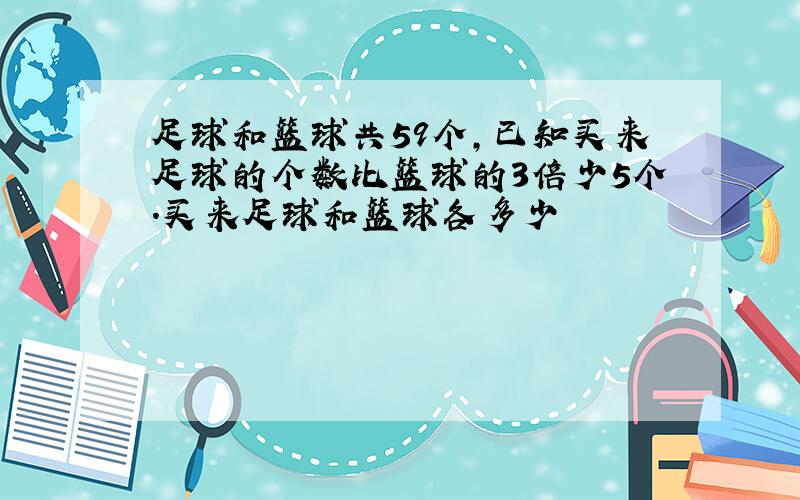 足球和篮球共59个,已知买来足球的个数比篮球的3倍少5个.买来足球和篮球各多少