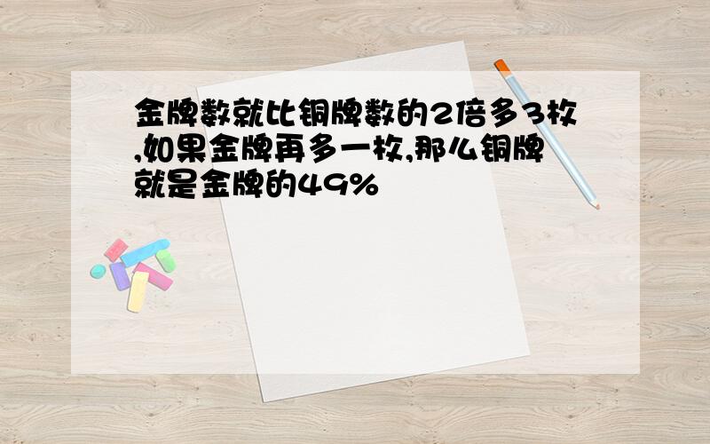 金牌数就比铜牌数的2倍多3枚,如果金牌再多一枚,那么铜牌就是金牌的49%