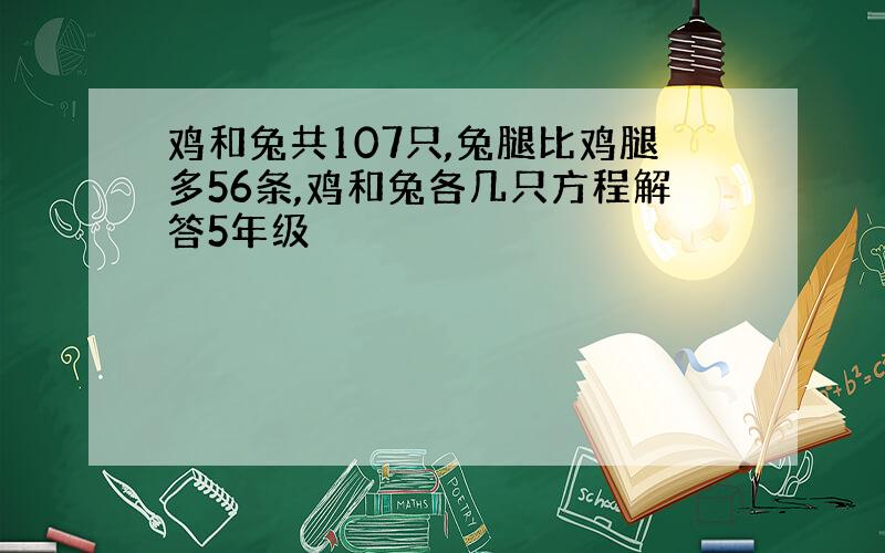 鸡和兔共107只,兔腿比鸡腿多56条,鸡和兔各几只方程解答5年级