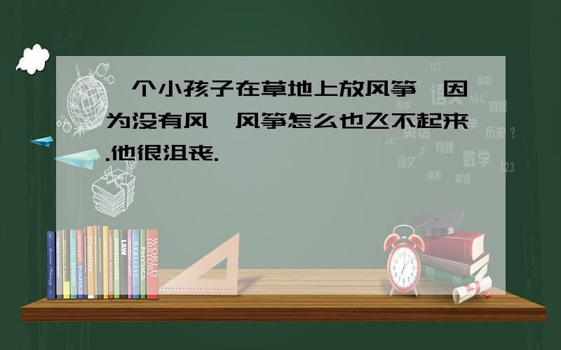 一个小孩子在草地上放风筝,因为没有风,风筝怎么也飞不起来.他很沮丧.