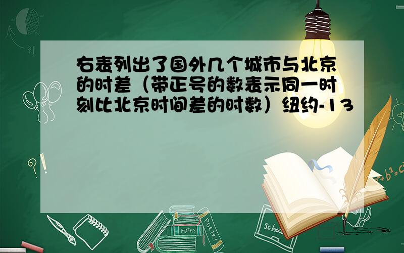 右表列出了国外几个城市与北京的时差（带正号的数表示同一时刻比北京时间差的时数）纽约-13