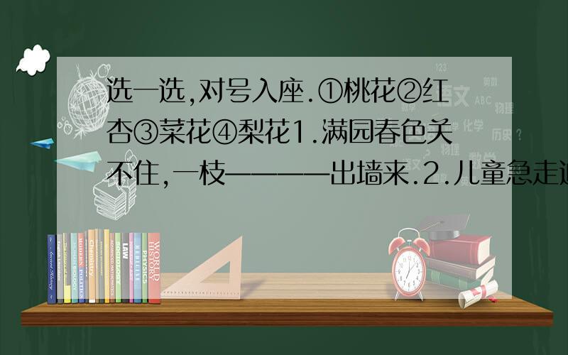 选一选,对号入座.①桃花②红杏③菜花④梨花1.满园春色关不住,一枝————出墙来.2.儿童急走追黄蝶,飞入————无处寻