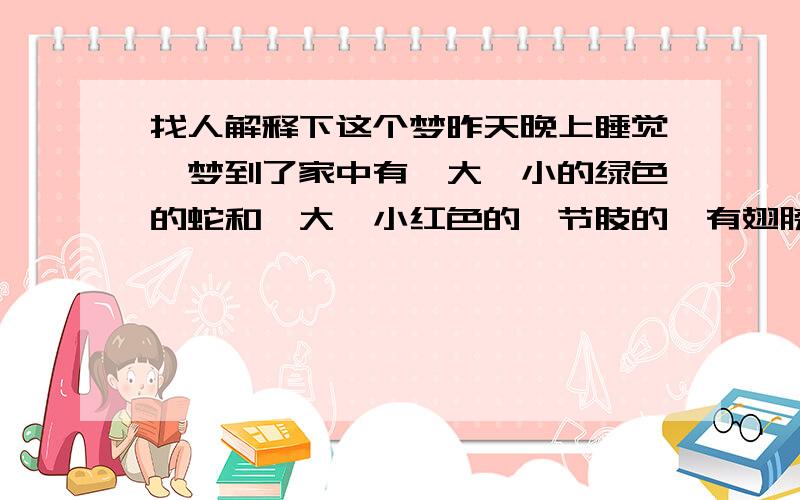 找人解释下这个梦昨天晚上睡觉,梦到了家中有一大一小的绿色的蛇和一大一小红色的,节肢的,有翅膀,但是不知道名字的虫子?还由