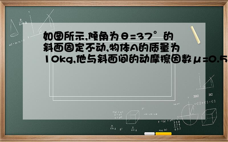 如图所示,倾角为θ=37°的斜面固定不动,物体A的质量为10kg,他与斜面间的动摩擦因数μ=0.5.现把物体A用