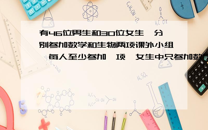 有46位男生和30位女生,分别参加数学和生物两项课外小组,每人至少参加一项,女生中只参加数学的人数是只参加一项人数的五分