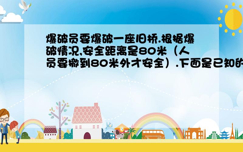 爆破员要爆破一座旧桥.根据爆破情况,安全距离是80米（人员要撤到80米外才安全）.下面是已知的一些数据：每秒6米.导火索