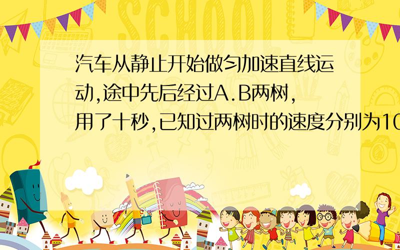 汽车从静止开始做匀加速直线运动,途中先后经过A.B两树,用了十秒,已知过两树时的速度分别为10/s15/s.求两树间距离