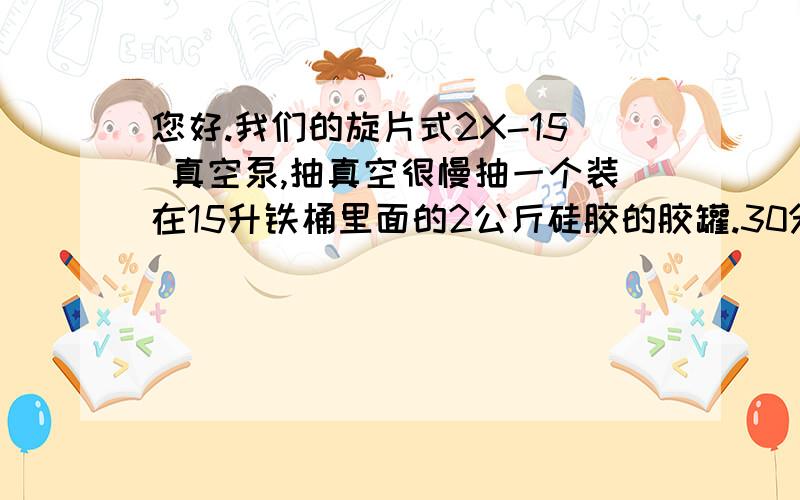 您好.我们的旋片式2X-15 真空泵,抽真空很慢抽一个装在15升铁桶里面的2公斤硅胶的胶罐.30分钟都抽不好.