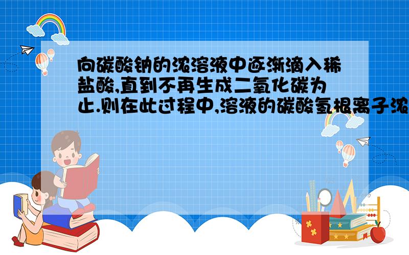 向碳酸钠的浓溶液中逐渐滴入稀盐酸,直到不再生成二氧化碳为止.则在此过程中,溶液的碳酸氢根离子浓度变化趋势可能是（ ）.