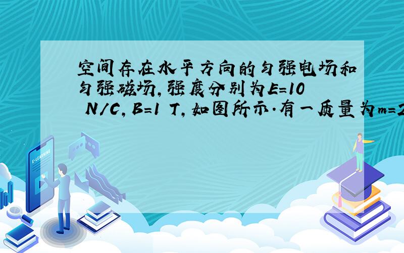 空间存在水平方向的匀强电场和匀强磁场,强度分别为E=10 N/C,B＝1 T,如图所示.有一质量为m＝2.0×10-6