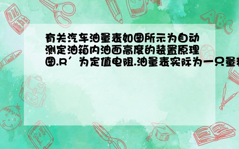 有关汽车油量表如图所示为自动测定油箱内油面高度的装置原理图.R′为定值电阻.油量表实际为一只量程为0—0.6A的电流表.