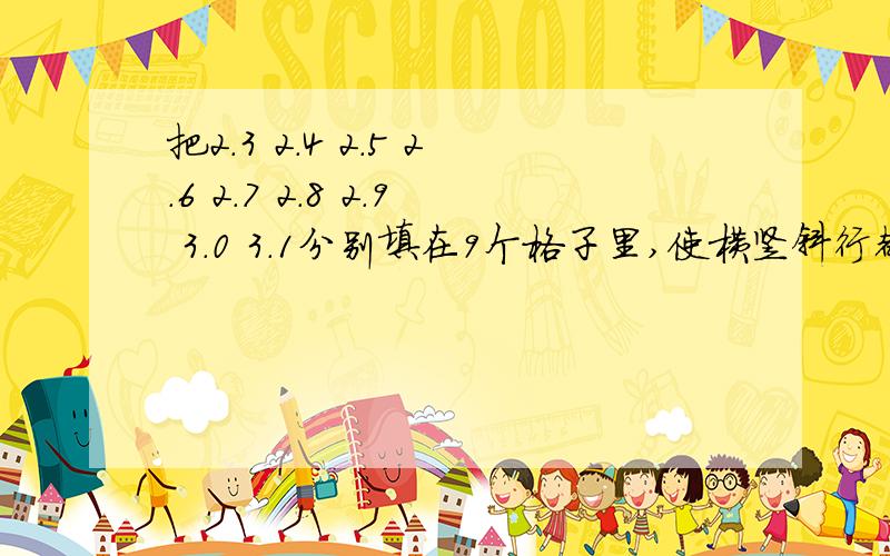 把2.3 2.4 2.5 2.6 2.7 2.8 2.9 3.0 3.1分别填在9个格子里,使横竖斜行都得8.1