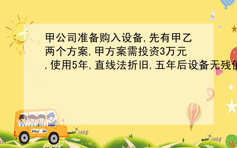 甲公司准备购入设备,先有甲乙两个方案,甲方案需投资3万元,使用5年,直线法折旧,五年后设备无残值,五年中每