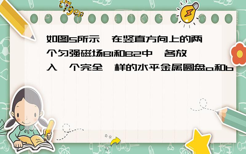 如图5所示,在竖直方向上的两个匀强磁场B1和B2中,各放入一个完全一样的水平金属圆盘a和b,