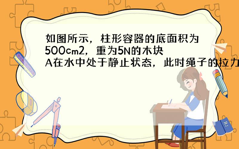 如图所示，柱形容器的底面积为500cm2，重为5N的木块A在水中处于静止状态，此时绳子的拉力为3N，若绳子突然断了，待木