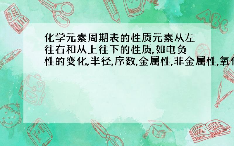 化学元素周期表的性质元素从左往右和从上往下的性质,如电负性的变化,半径,序数,金属性,非金属性,氧化性,还原性,如果还有