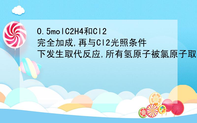 0.5molC2H4和Cl2完全加成,再与Cl2光照条件下发生取代反应,所有氢原子被氯原子取代,则共消耗Cl2物质的量?