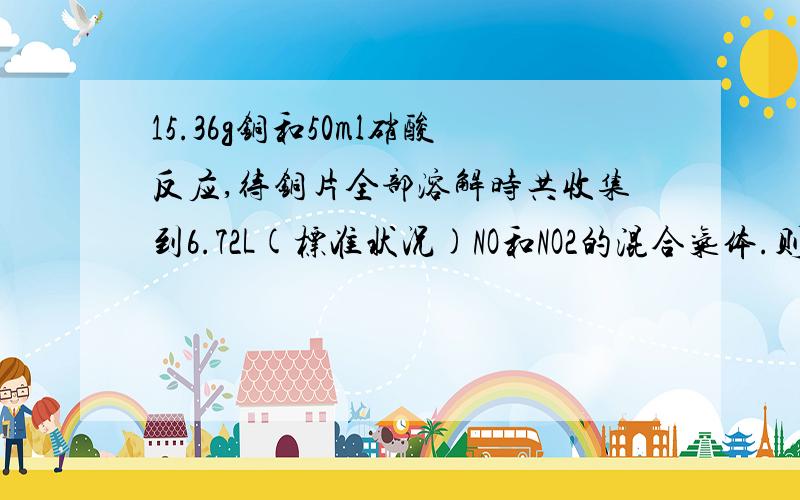 15.36g铜和50ml硝酸反应,待铜片全部溶解时共收集到6.72L(标准状况)NO和NO2的混合气体.则原硝酸溶液的物