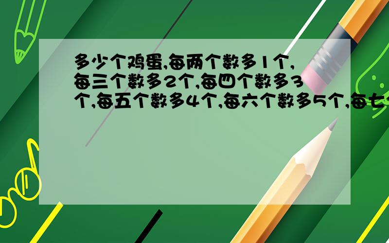 多少个鸡蛋,每两个数多1个,每三个数多2个,每四个数多3个,每五个数多4个,每六个数多5个,每七个数正好