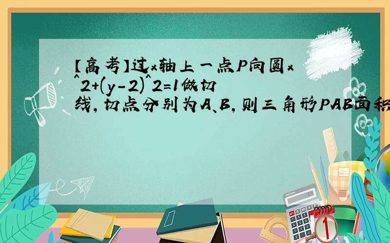 【高考】过x轴上一点P向圆x^2+(y-2)^2＝1做切线,切点分别为A、B,则三角形PAB面积的最小值是_____