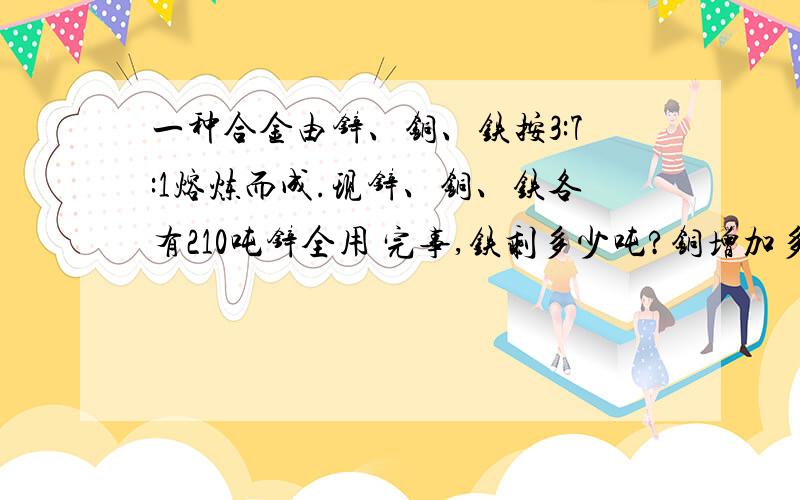 一种合金由锌、铜、铁按3:7:1熔炼而成.现锌、铜、铁各有210吨锌全用 完事,铁剩多少吨?铜增加多少吨?