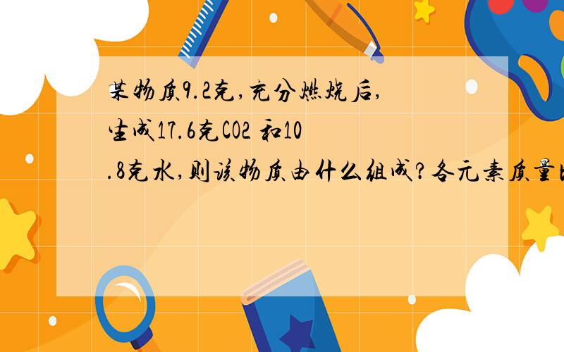 某物质9.2克,充分燃烧后,生成17.6克CO2 和10.8克水,则该物质由什么组成?各元素质量比?