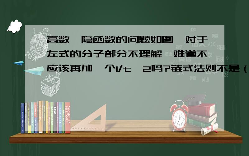 高数,隐函数的问题如图,对于左式的分子部分不理解,难道不应该再加一个1/t^2吗?链式法则不是（分子的导数*分母-分母的