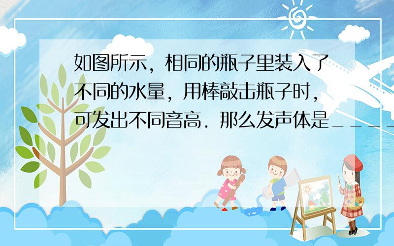 如图所示，相同的瓶子里装入了不同的水量，用棒敲击瓶子时，可发出不同音高．那么发声体是______，发出的声音音调从左至右