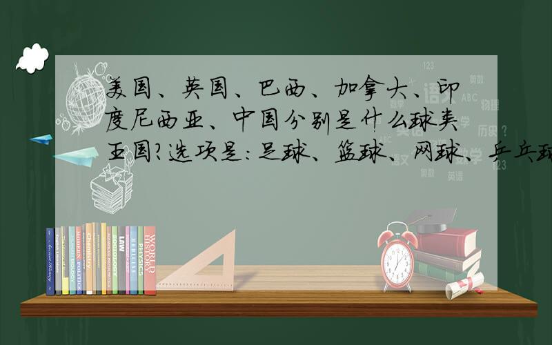 美国、英国、巴西、加拿大、印度尼西亚、中国分别是什么球类王国?选项是：足球、篮球、网球、乒乓球、冰