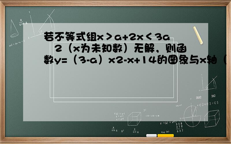 若不等式组x＞a+2x＜3a−2（x为未知数）无解，则函数y=（3-a）x2-x+14的图象与x轴（　　）