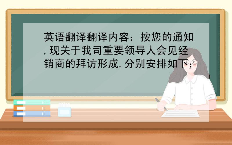 英语翻译翻译内容：按您的通知,现关于我司重要领导人会见经销商的拜访形成,分别安排如下：