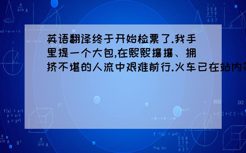 英语翻译终于开始检票了.我手里提一个大包,在熙熙攘攘、拥挤不堪的人流中艰难前行.火车已在站内等候了.很多人疯一般地冲向车