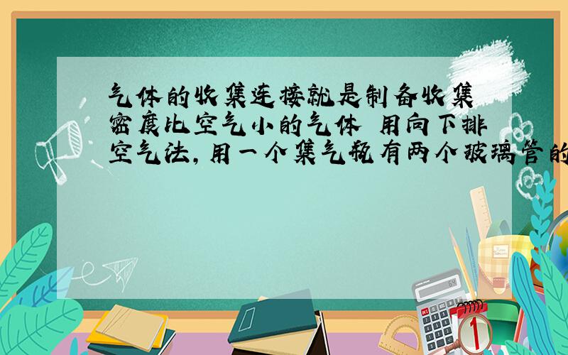 气体的收集连接就是制备收集 密度比空气小的气体 用向下排空气法,用一个集气瓶有两个玻璃管的那种.想问的是,气体应从长玻璃