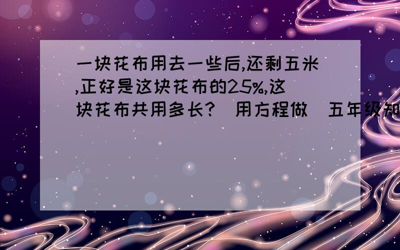 一块花布用去一些后,还剩五米,正好是这块花布的25%,这块花布共用多长?（用方程做）五年级知识