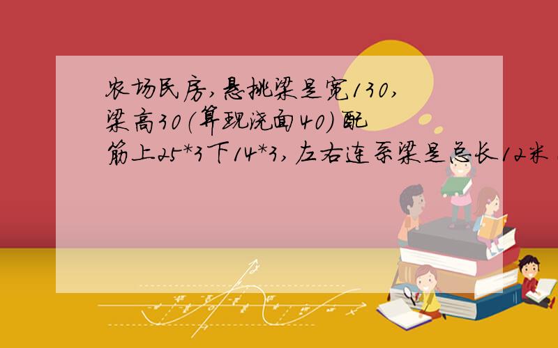 农场民房,悬挑梁是宽130,梁高30（算现浇面40） 配筋上25*3下14*3,左右连系梁是总长12米（到挑梁是4米）