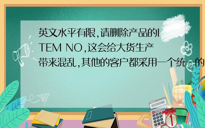 英文水平有限,请删除产品的ITEM NO,这会给大货生产带来混乱,其他的客户都采用一个统一的LOG.这些字体过于细小,印