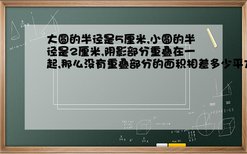 大圆的半径是5厘米,小圆的半径是2厘米,阴影部分重叠在一起,那么没有重叠部分的面积相差多少平方厘米