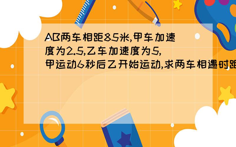 AB两车相距85米,甲车加速度为2.5,乙车加速度为5,甲运动6秒后乙开始运动,求两车相遇时距离A点的距离,要具体的步骤