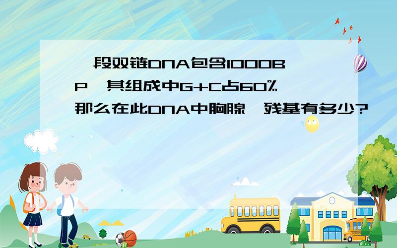 一段双链DNA包含1000BP,其组成中G+C占60%,那么在此DNA中胸腺呤残基有多少?