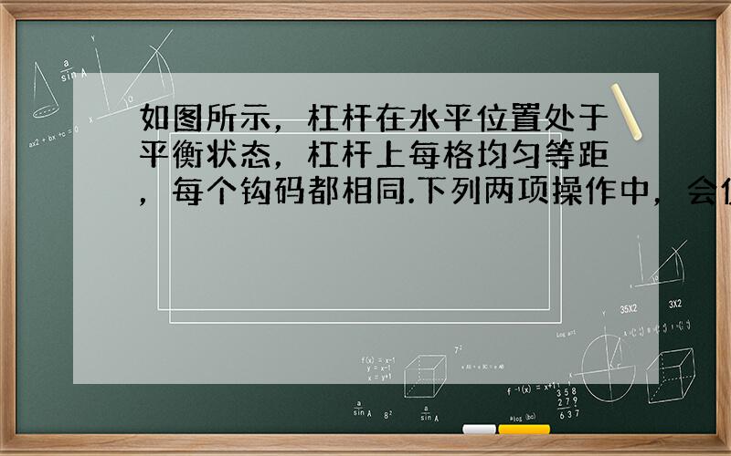 如图所示，杠杆在水平位置处于平衡状态，杠杆上每格均匀等距，每个钩码都相同.下列两项操作中，会使杠杆右端下倾的是（　　）