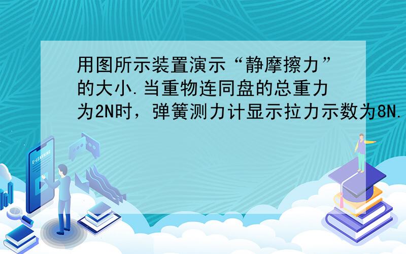 用图所示装置演示“静摩擦力”的大小.当重物连同盘的总重力为2N时，弹簧测力计显示拉力示数为8N.现在盘中加钩码，当盘与钩